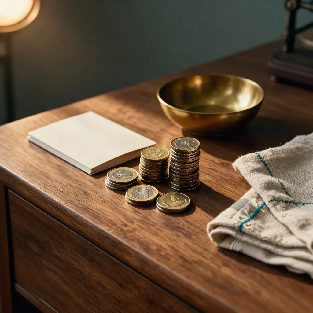 Coin stacks, brass bowl and linen cloth on a narrow walnut desk in warm late-afternoon light.