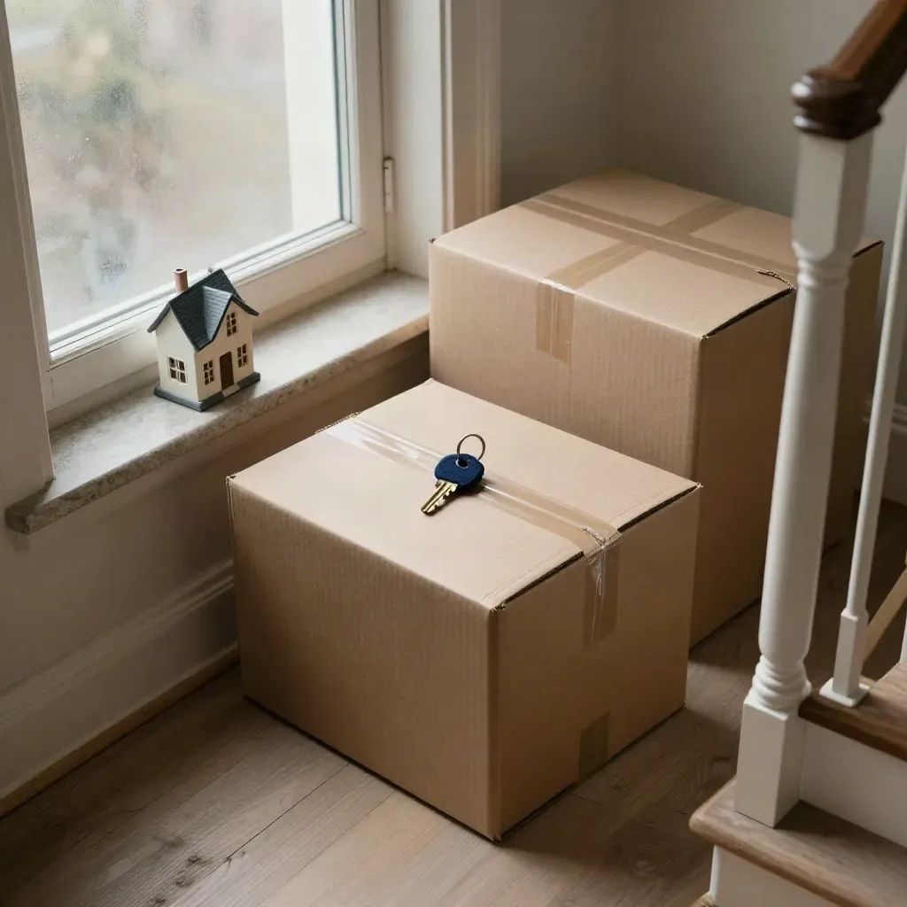 Hallway landing with moving boxes, house key, plaster house model and frosted morning light.