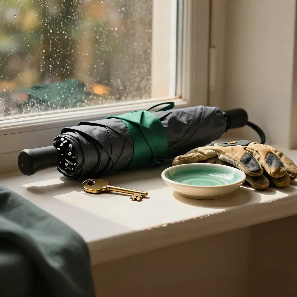 Umbrella, house key, glove, and ceramic dish on a pale shelf in warm window light.