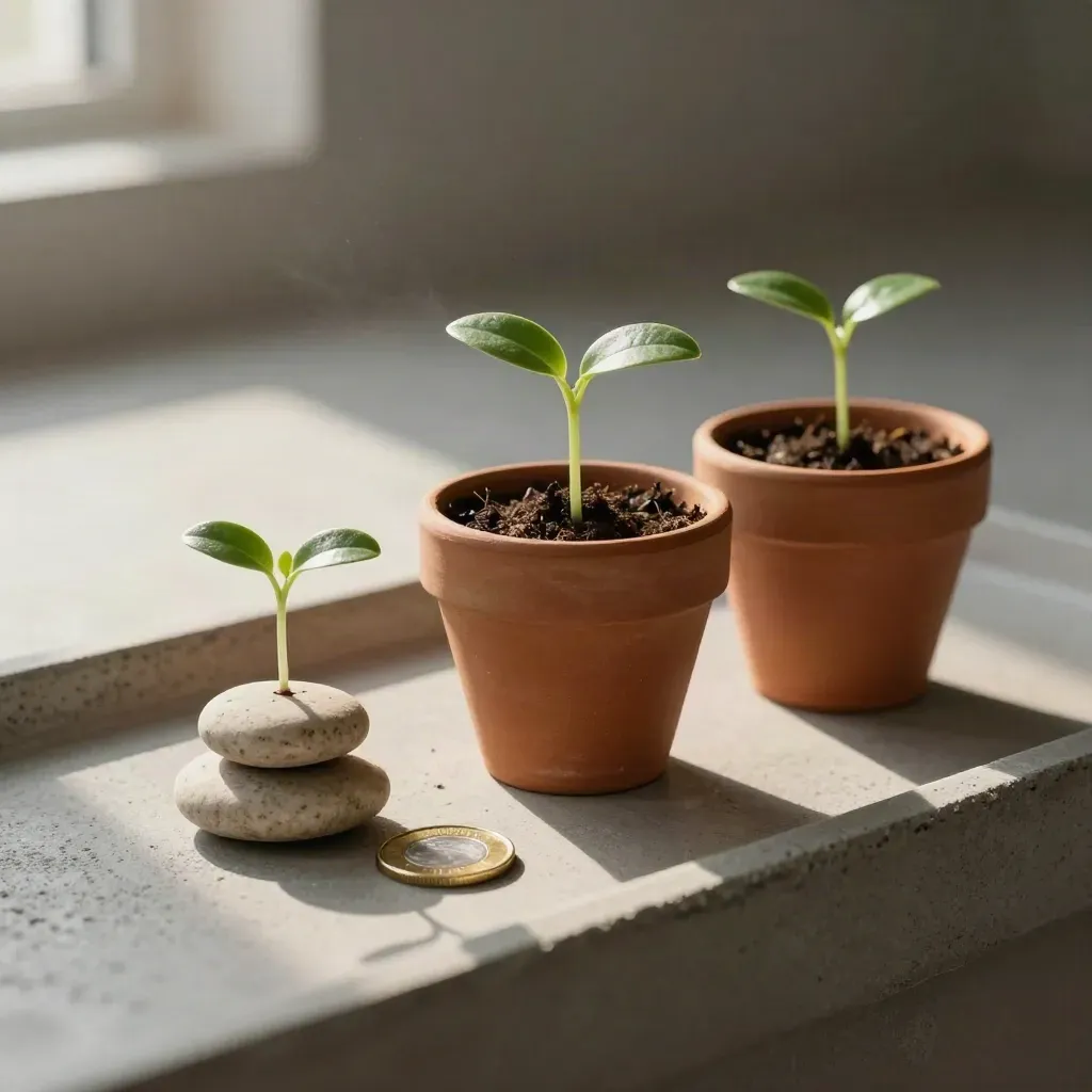 Seedlings in clay pots with stacked stones and a brass coin on a concrete sill.