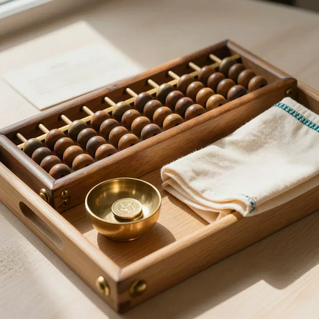 Abacus with coin bowls and folded cloth on a pale oak tray, one coin just landed.